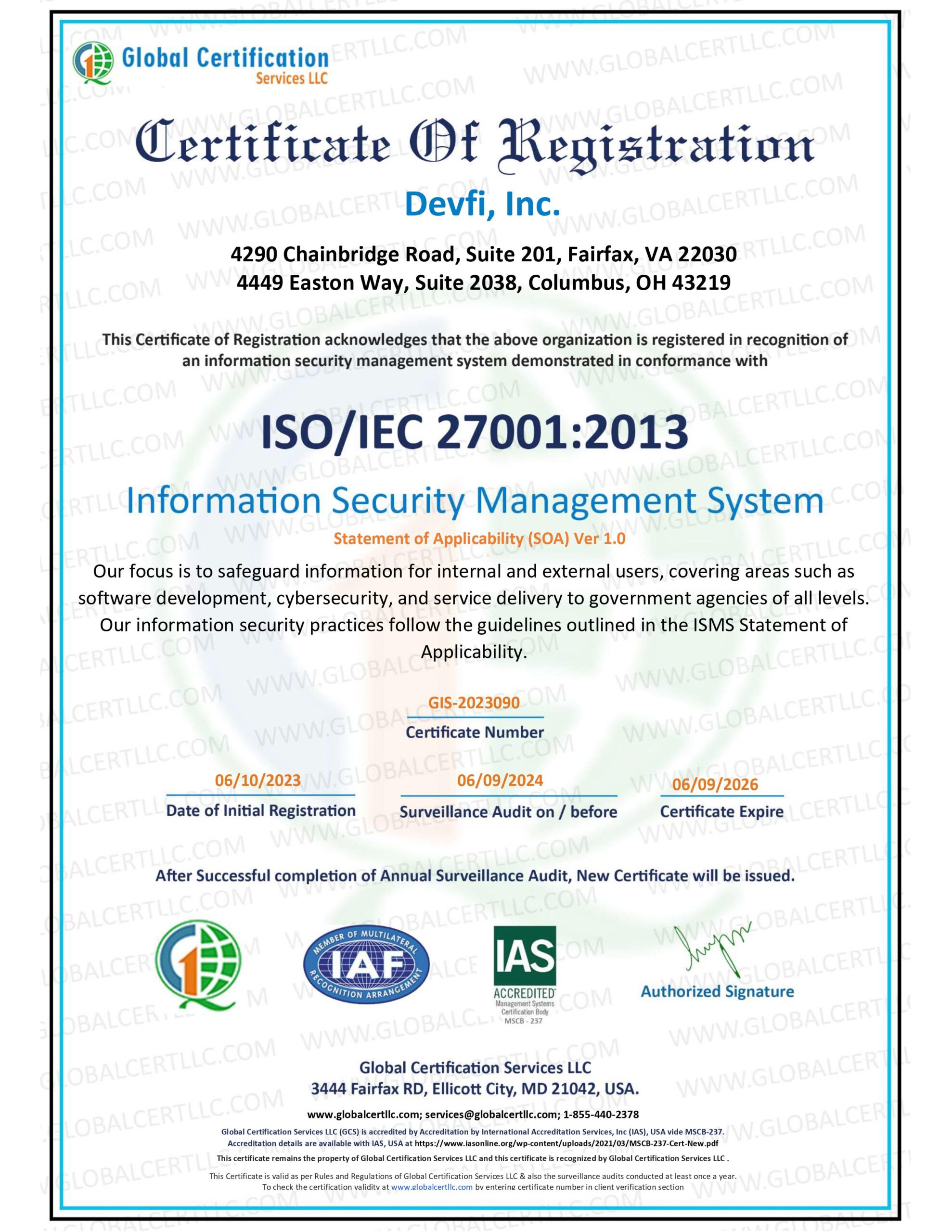 GIS-2023090 - ISO 27001 Standards Certificate